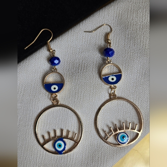 Elegant Gold Tone Blue Evil Eye Earrings - Picture 9 of 15